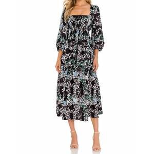 NEW DELFI COLLECTIVE abstract floral puff sleeve midi dress in multi